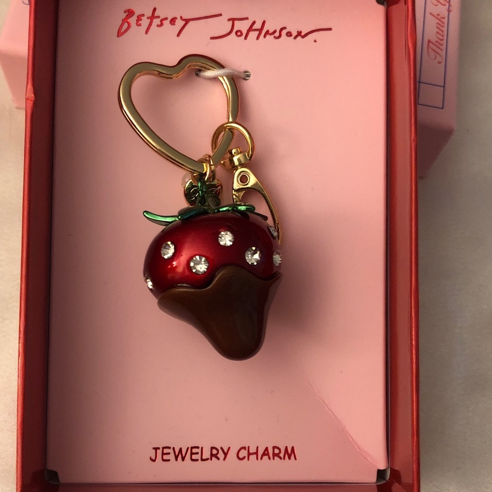 Betsey Johnson Red Metallic Chocolate Dipped Strawberry Bag Charm Key Chain NWT